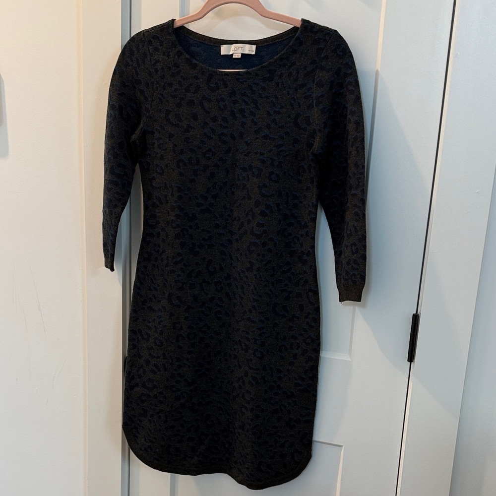LOFT Black Animal Print Long Sleeve Dress